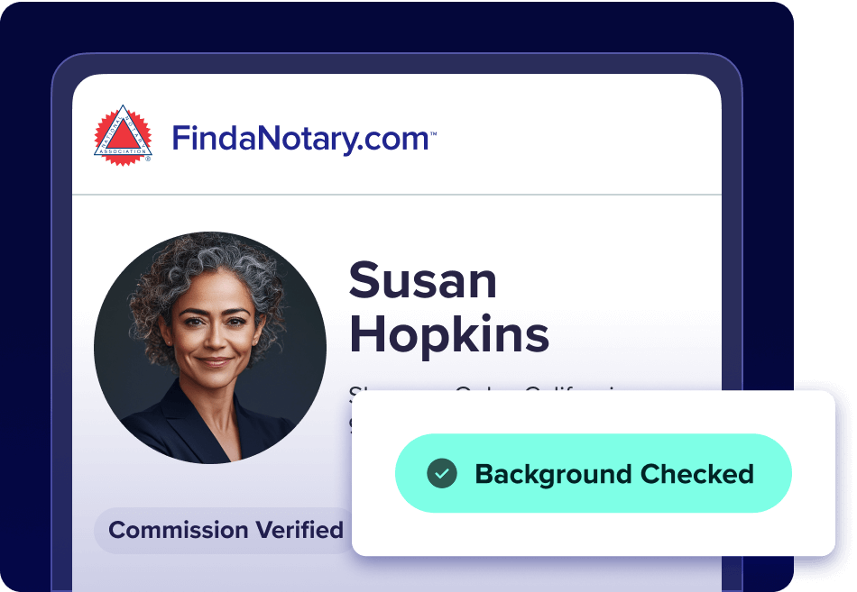 screenshot of the FindaNotary mobile interface showing a background checked indicator