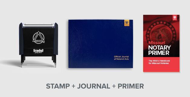 a notary stamp, journal and Missouri primer