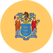 circular New Jersey State Flag with a light bluish-purple background.