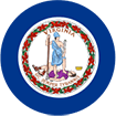 circular Virginia State Flag with a light bluish-purple background.